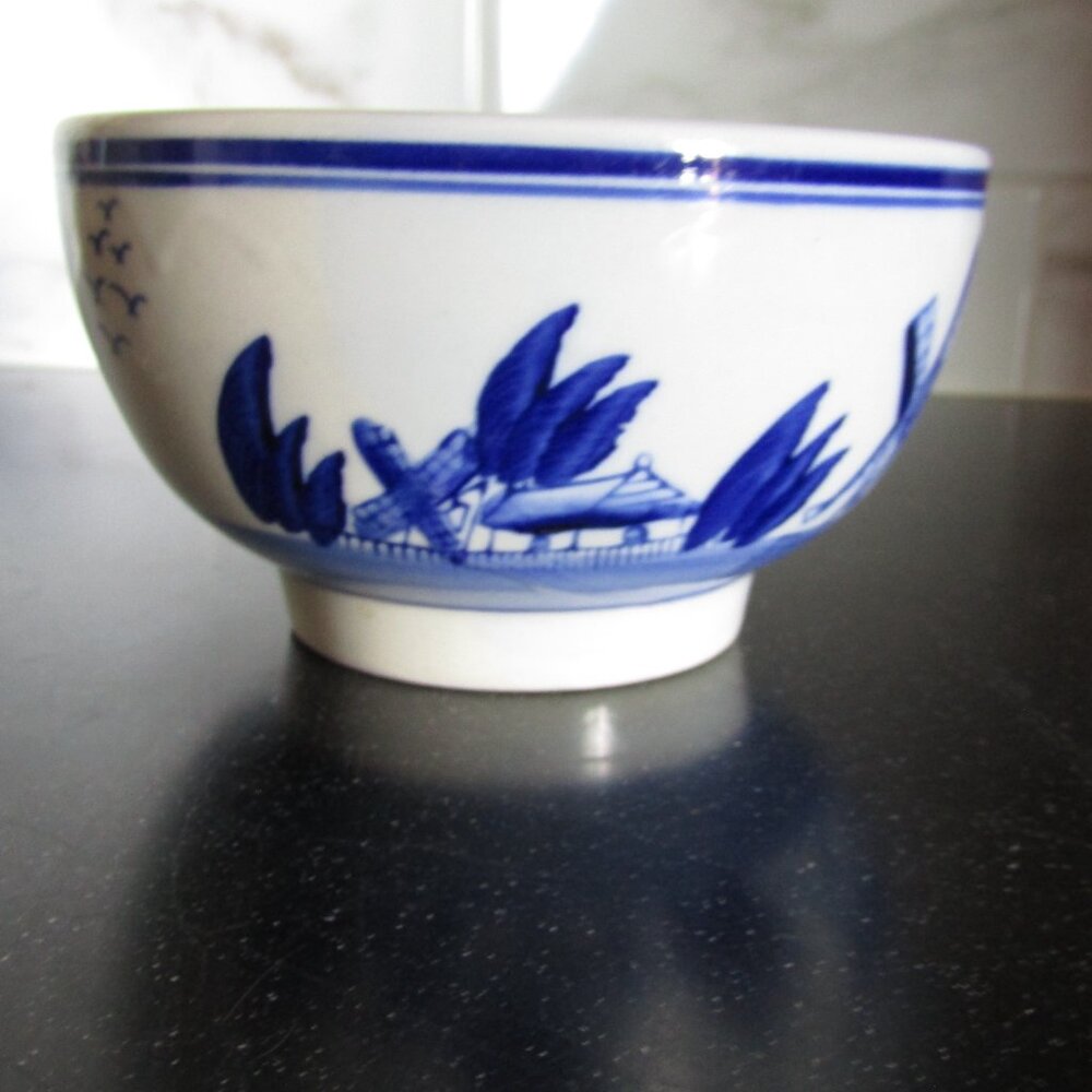 Vintage 1950s Delft Style Blue and White Ceramic Bowl with Ships and Windmill